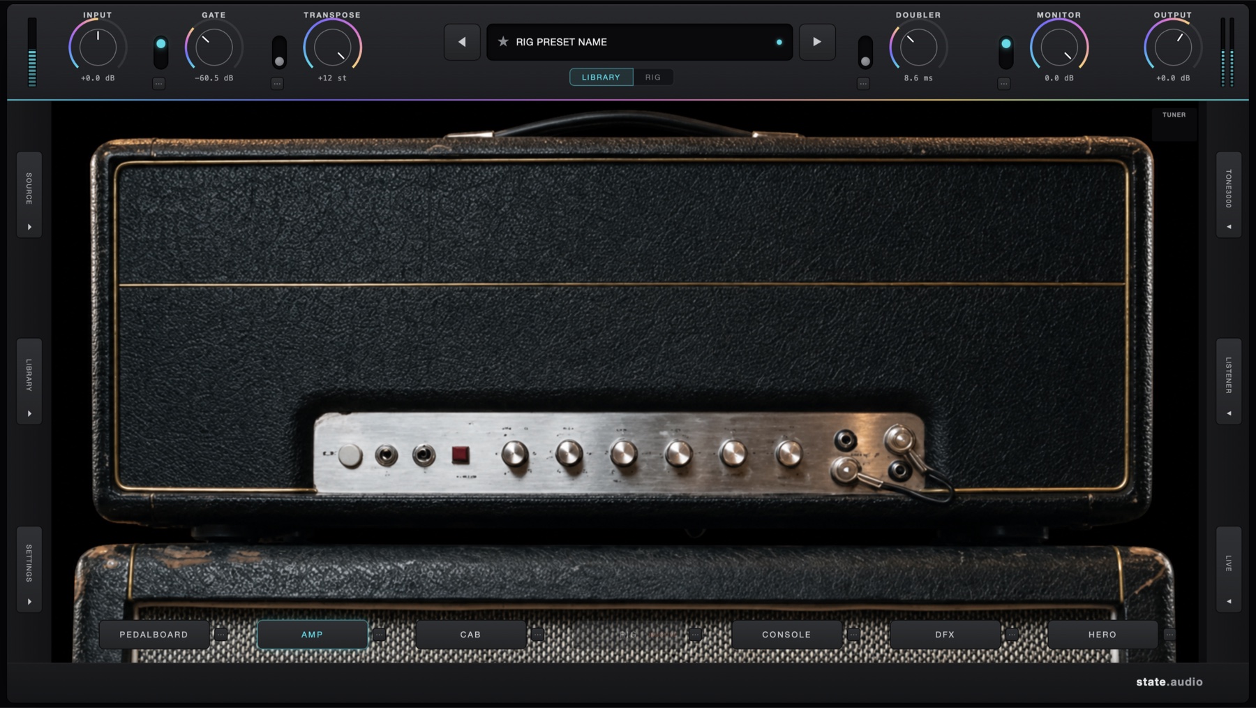 AmpStudio amplifier workspace with an amplifier head, cabinet and performance controls