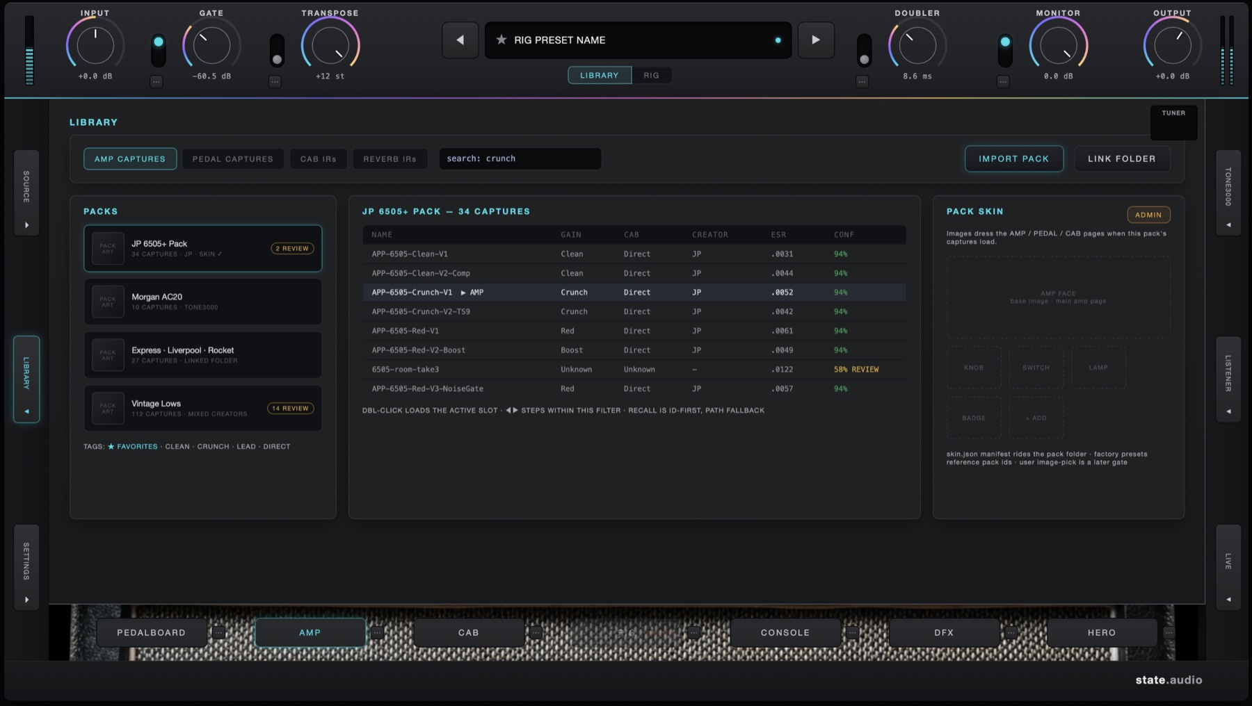AmpStudio Library page showing capture packs and individual captures