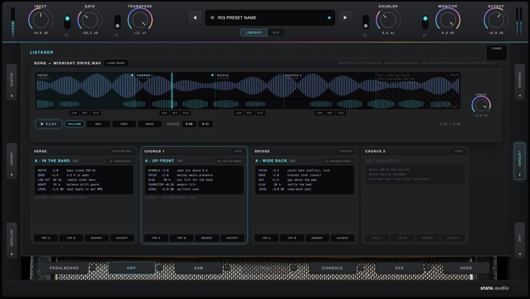 AmpStudio Listener page showing a song waveform and guitar settings for individual song sections