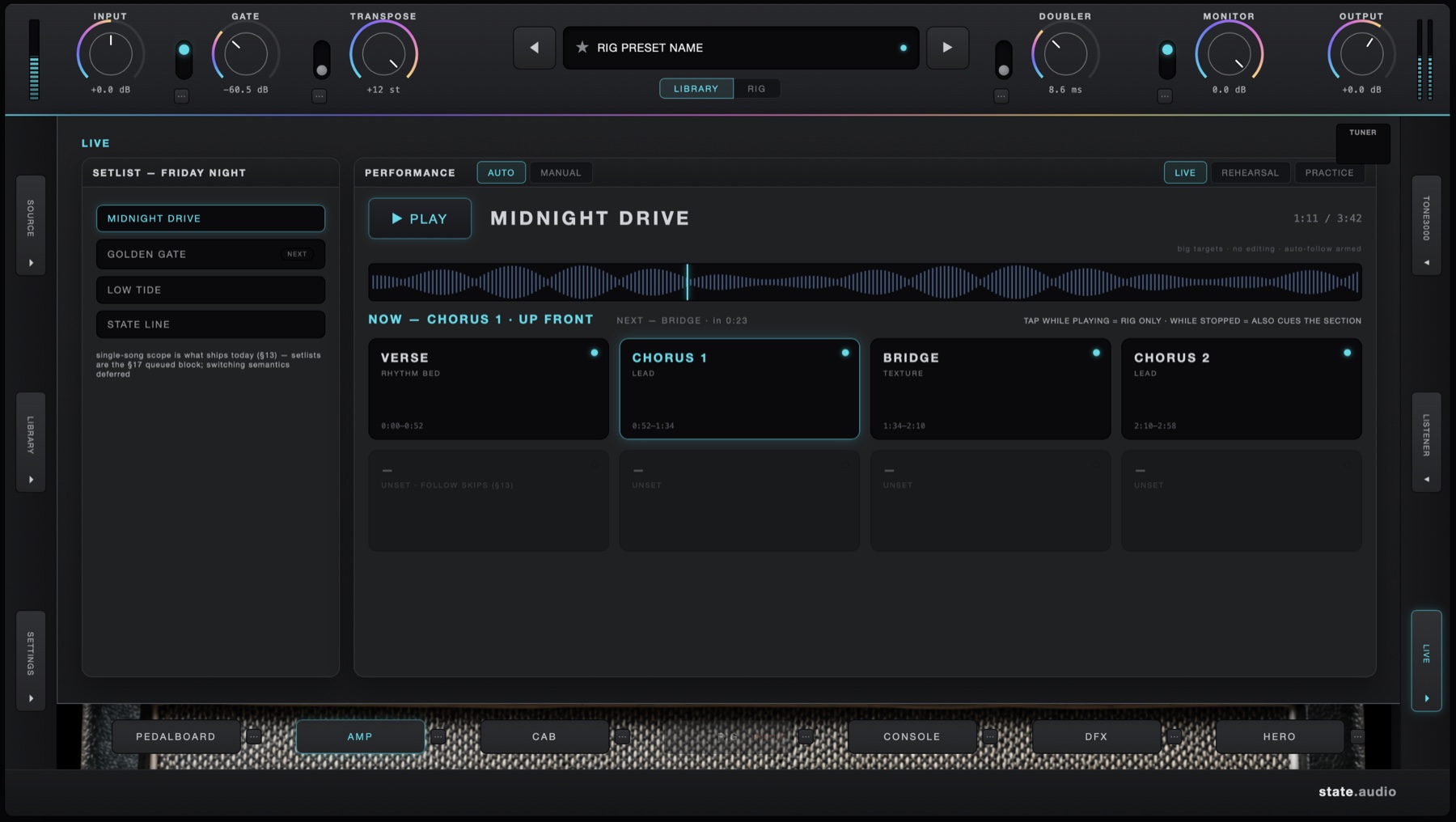 AmpStudio Live page showing a setlist and large song-section performance controls