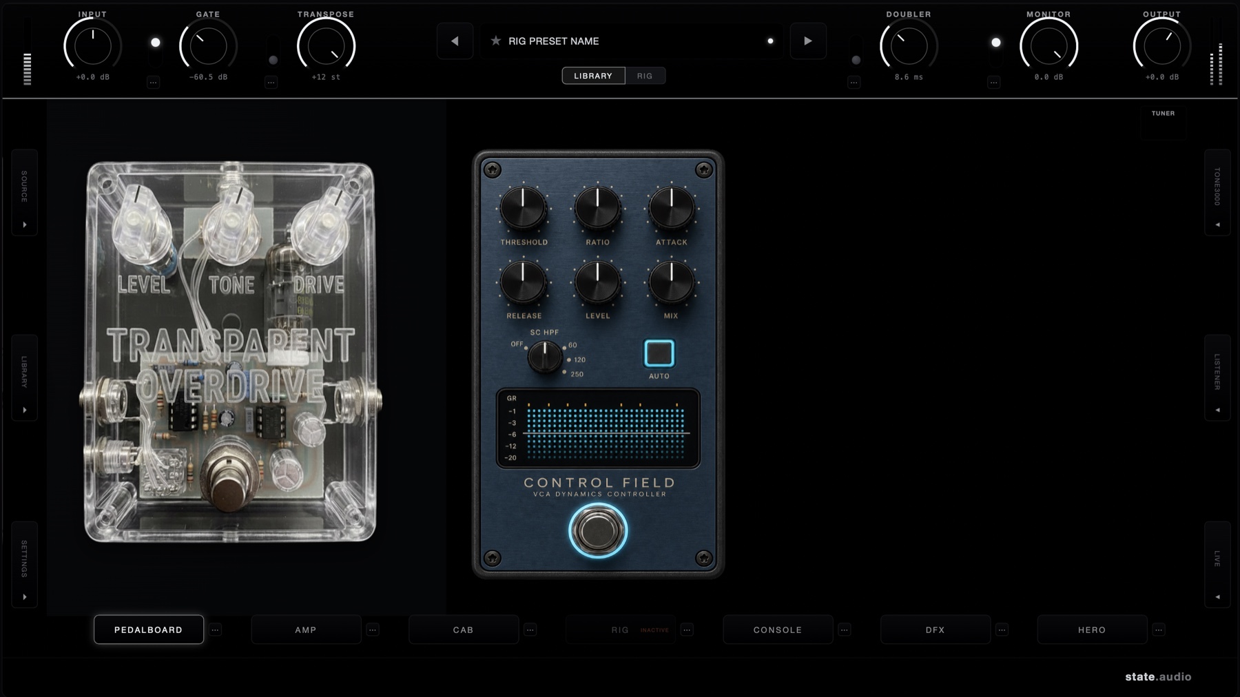 AmpStudio Pedalboard showing a transparent overdrive and dynamics controller