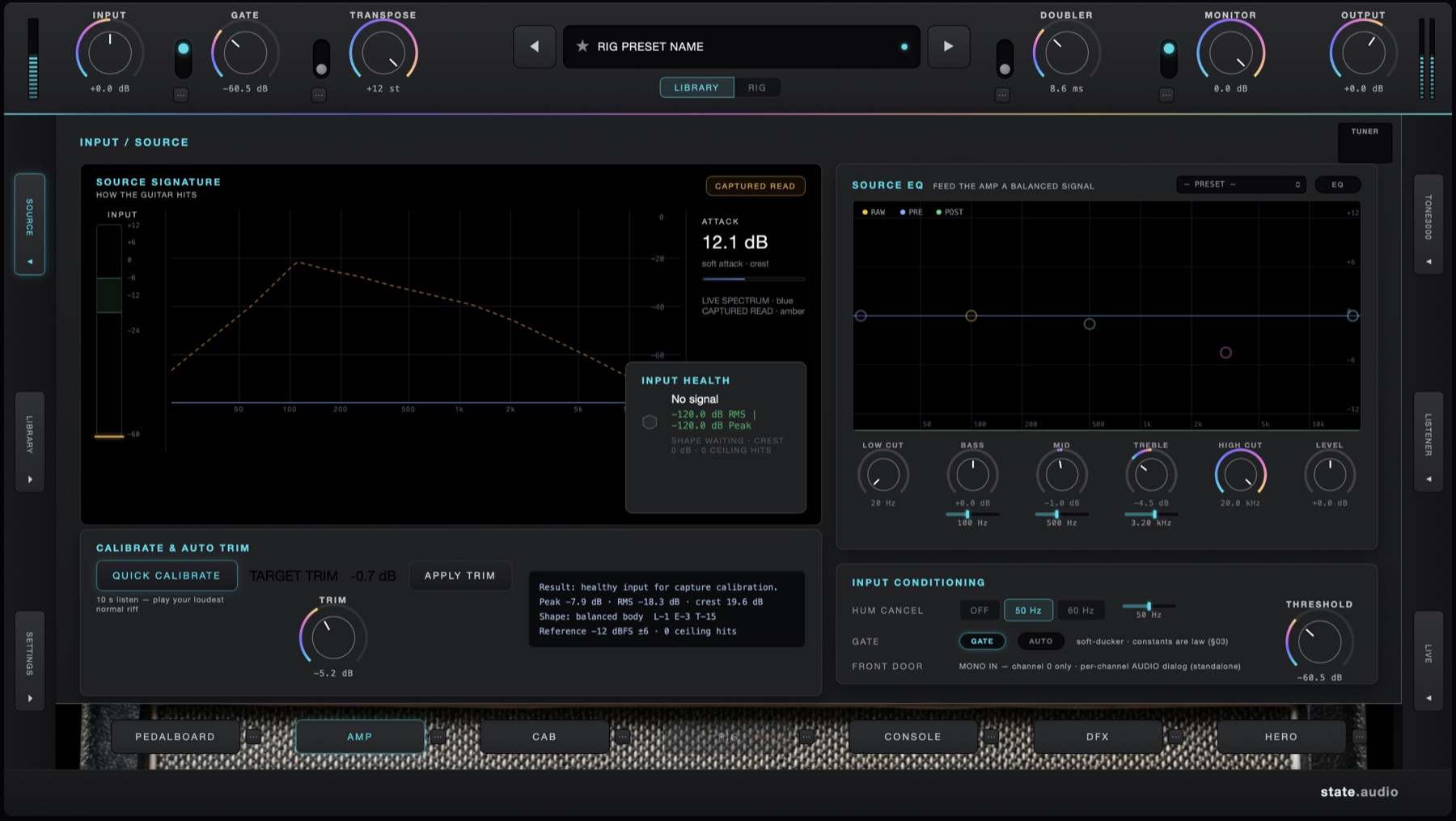 AmpStudio Source page showing input calibration, source signature and source equalisation