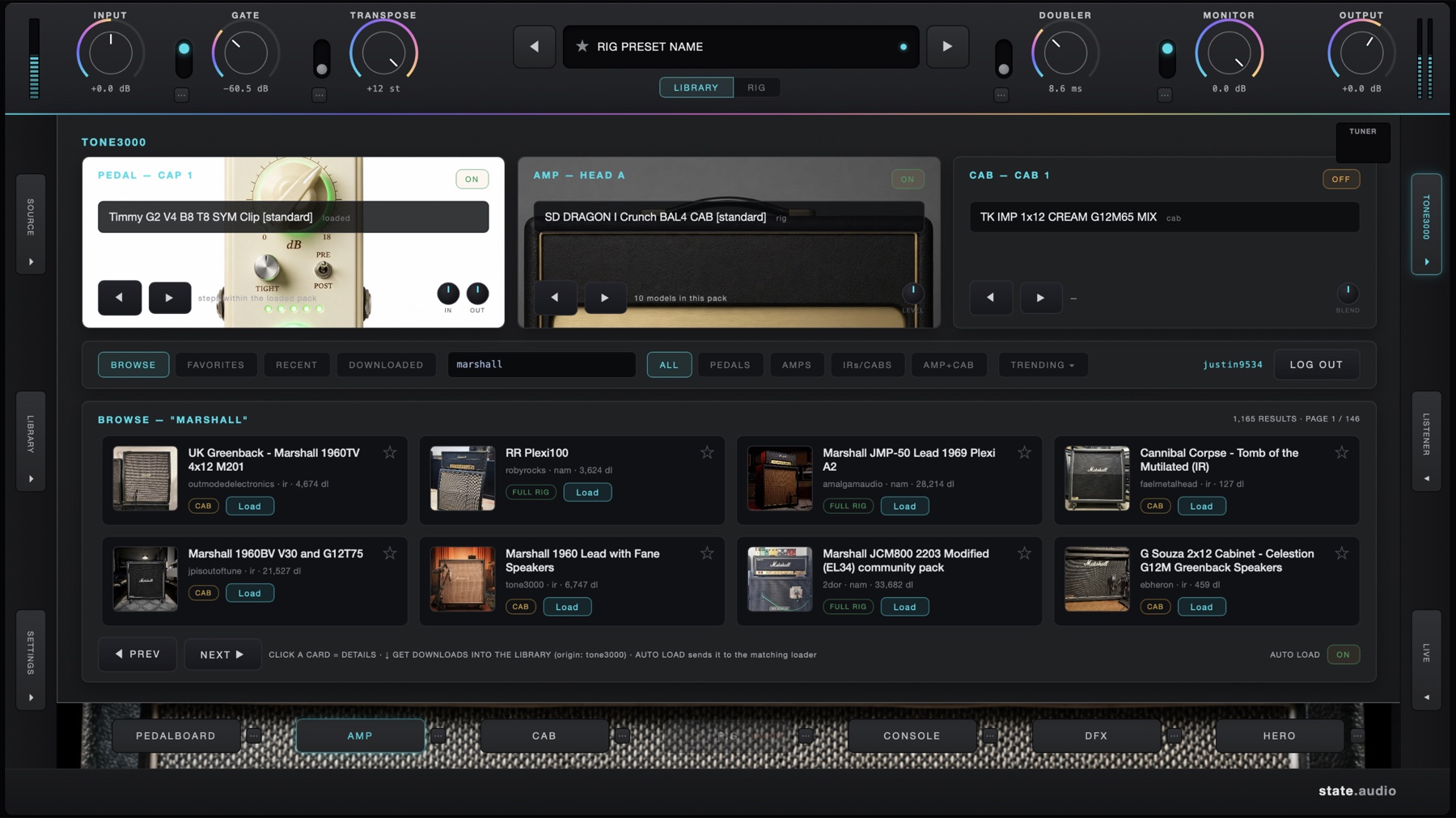 AmpStudio Tone3000 browser showing pedal, amp and cabinet capture results